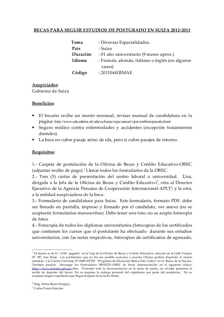 Becas para seguir estudios de post grado en suiza 2012 2013